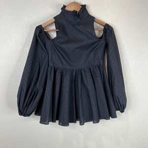 Caroline Constas Peplum‎ Blouse Top Sz XS Navy Cold Shoulder Swiss Dot Mock Neck